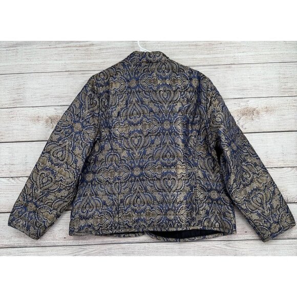 Chico's Quilt Lined Tapestry Jacket Womens Size 3/16/XL Blue/Metallic Open Front - Picture 2 of 14